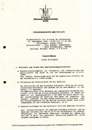 Protokoll: Steuerungsgruppe Moritzplatz, Sitzung 19.9.1991