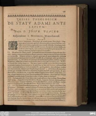 Theses Theologicae De Statu Adami Ante Lapsum. Praeside D. Josue Placeo. Respondente I. Monerio, Montalbanensi.