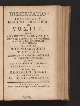 Dissertatio Inauguralis Medico-Practica De Vomitu