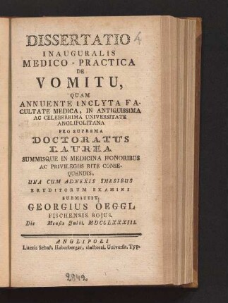 Dissertatio Inauguralis Medico-Practica De Vomitu