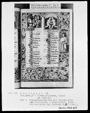 Lateinisches Stundenbuch (Livre d'heures) — Kalenderseite Mai mit Illustrationen und Vollbordüre, Folio 3recto