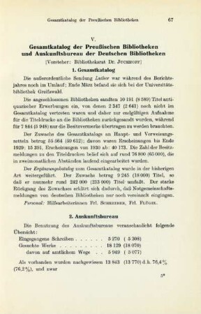 V. Gesamtkatalog der Preußischen Bibliotheken und Auskunftsbureau der Deutschen Bibliotheken