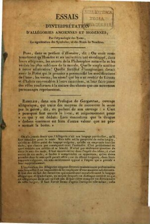 Essais D'Interprétation D'Allégories Anciennes Et Modernes, Par l'étymologie des Noms, La signification des Symboles, et des Noms de Nombres