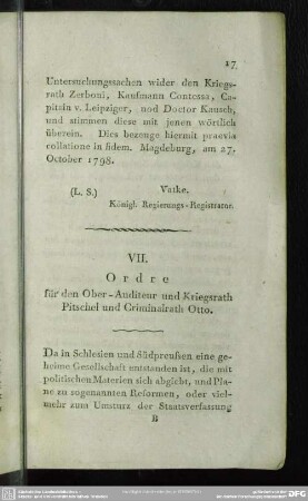 VII. Ordre für den Ober-Auditeur und Kriegsrath Pitschel und Criminalrath Otto