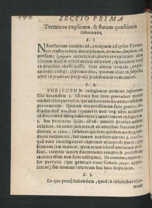 Sectio Prima. Terminos explicans, & statum quaestionis informans.