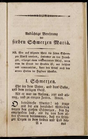 Andächtige Verehrung der sieben Schmerzen Mariä.