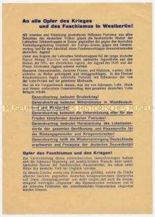 Flugblatt der Aktionsgemeinschaft der Opfer des Krieges und Faschismus in Westberlin gegen Generalvertrag, für Friedensvertrag