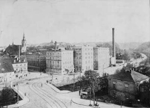 Dresden-Plauen. Blick über die Weißeritz Richtung Altplauen vor der Hochlegung der Eisenbahnstrecke. 1901/1902