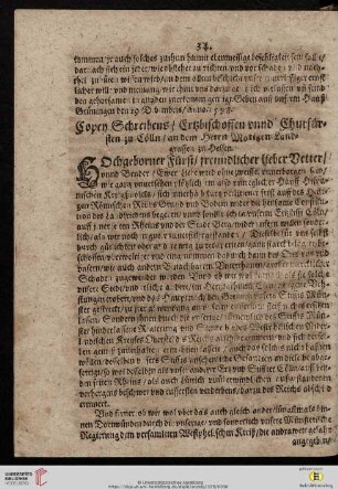 Copen Schreibens/ Ertzbischoffen vnnd Churfürsten zu Cölln