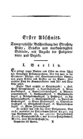 Erster Abschnitt. Topographische Beschreibung der Straßen, Plätze, Brücken und merkwürdigsten Gebäude, mit Angabe der Polizeireviere und Bezirke