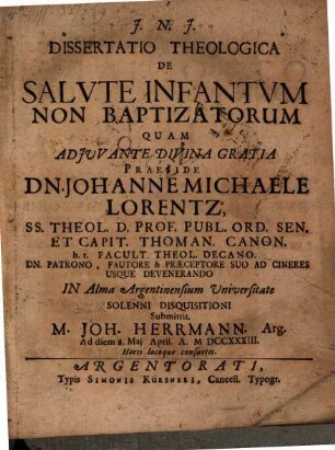 Diss. theol. de salute infantum non baptizatorum