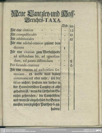 Neue Cantzley- und Hoff-Gerichts-Taxa