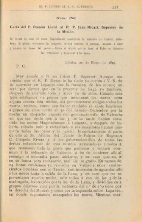 Núm. 156. Carta del P. Ramon Llord al R. P. Juan Ricart, Superior de la Misión