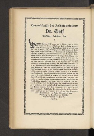 Staatssekretär der Reichskolonialamtes Dr. Solf Wirklicher Geheimer Rat