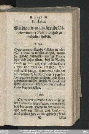 II. Titul. Wie die commandirende Officiers in einer Guarnison sich zu verhalten haben.