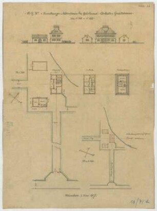 Fischer, Theodor; München; Bayerische Geschützwerke - Verwaltungs - u. Wohnhaus der Gärtnerei u. Arbeits - u. Gerätehaus (Lageplan, Grundriss,Grundriss EG, Grundriss 1. OG, Grundriss DG, Ansichten)