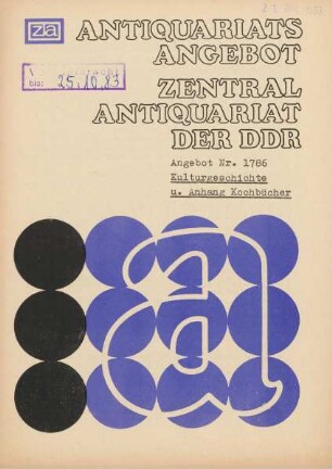 Nr. 1786: Kulturgeschichte u. Anhang Kochbücher