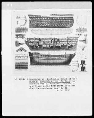 Schnitte und Risse eines Kriegsschiffs mit drei Kanonendecks (Linienschff, 18. Jh.)