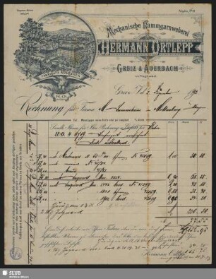 Mechanische Kammgarnweberei Hermann Ortlepp, Greiz & Auerbach im Vogtland, Greiz i. V. : Rechnung