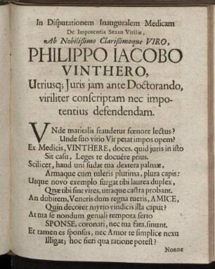 In Disputationem Inauguralem Medicam De Impotentia Sexus Virilis, Ab Nobilißimo Clarißimoque Viro, Philippo Jacobo Vinthero [...]