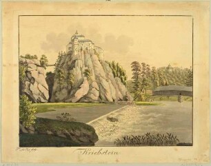 Die Burg Kriebstein in Sachsen über dem Zschopautal von Südwesten mit dem Wehr der Zschopau und der alten Brücke, im Hintergrund Teile des Rittergutes Ehrenberg