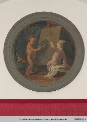 Deckenfresko mit Allegorien der Musen : Tondi mit Allegorien der Malerei und Skulptur