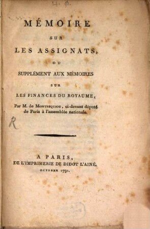 Mémoire sur les assignats ...