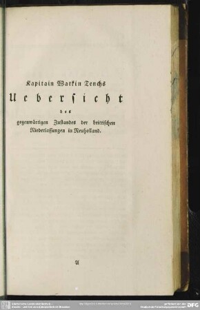 Kapitain Watkin Tenchs Uebersicht des gegenwärtigen Zustandes der brittischen Niederlassungen in Neuholland