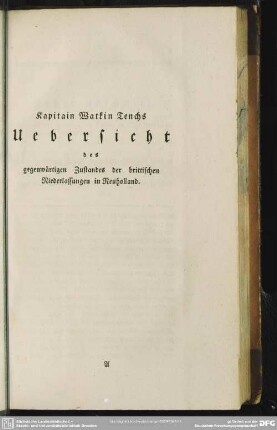 Kapitain Watkin Tenchs Uebersicht des gegenwärtigen Zustandes der brittischen Niederlassungen in Neuholland