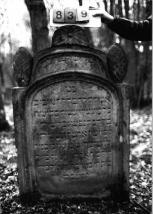 Grabstein 839 (Index: 99751438) Material: Sandstein Zustand: leicht verwittert Maße HxBxT: 131x81x14 cm Beschreibung: Stele, eingezog. Segmentbogenabschl. m. Mittel-u. Eckakroteren, Schriftfeld eingetieft Symbolik: pinienzapfen als Eckakrotere, Blatt: Grabstein 839