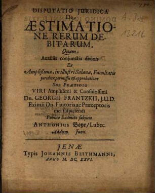 Disputatio Iuridica De Aestimatione Rerum Debitarum