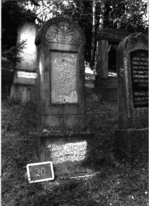 Grabstein 20 (Index: 100100925) Material: Sandstein Zustand: Schrifttafel fehlt, Sockel stark verwittert Maße HxBxT: 171x50x20 cm Beschreibung: Stele, Sockel, Rundbogenabschluß, eingetieftes Schriftfeld rechteckig Symbolik: Voluten- und Palmzweigverzierungen im Rundbogen: Grabstein 20