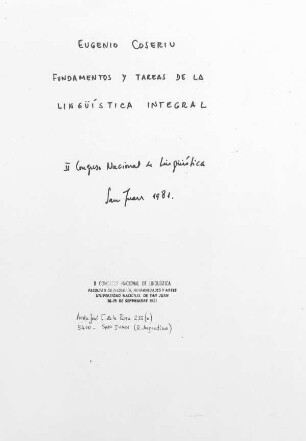 Lingüística integral : Vortrag