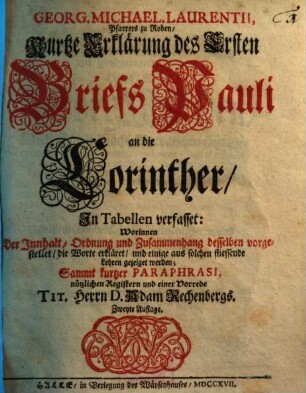 Kurtze Erklärung des ersten Briefs Pauli an die Corinther