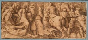 Die Sabinerinnen und Sabiner begeben sich zu den von den Römern ausgerichteten Spielen (linke Hälfte); der Raub der Sabinerinnen (rechte Hälfte) nach einem Fresko Polidoros an der Fassade des Palazzo Ricci in Rom)