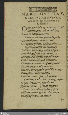 Martinus Hayneccius Henningo Grosio Bibliopolare Lipsensi S.