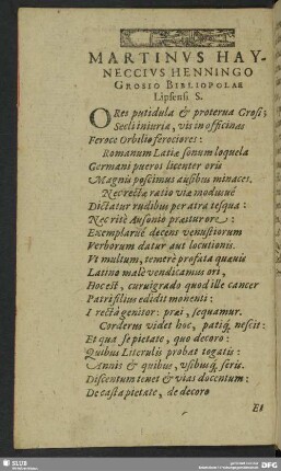 Martinus Hayneccius Henningo Grosio Bibliopolare Lipsensi S.