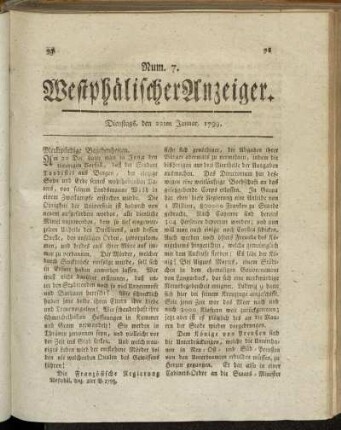Num 7. Dienstags, den 22ten Januar. 1799