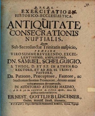 Exercitatio hist. eccl. de antiquitate consecrationis nuptialis