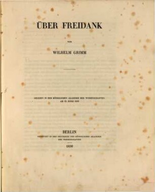 Über Freidank : Gelesen in der Königlichen Akademie der Wissenschaften am 15. März 1849, [1]