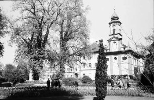 Mainau, Insel Mainau: Pressefahrt mit der DB, Tulpenblüte auf der Mainau; Schlosskirche mit Tulpenblüte