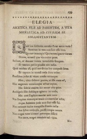 Elegia Ascetica Filii Ad Parentem, A Vita Monastica Ad Ciuilem Se Sollicitantem.