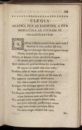 Elegia Ascetica Filii Ad Parentem, A Vita Monastica Ad Ciuilem Se Sollicitantem.