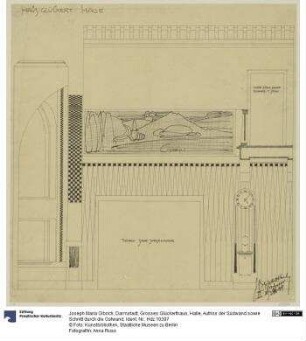 Darmstadt, Grosses Glückerthaus, Halle, Aufriss der Südwand sowie Schnitt durch die Ostwand