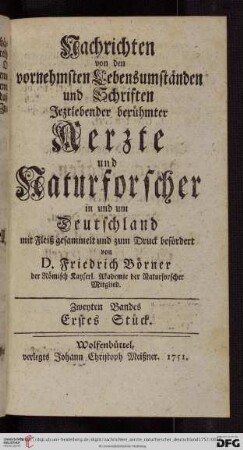 Zweyten Bandes erstes Stueck