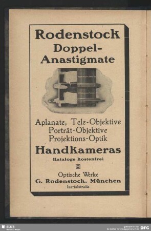 Werbung: Rodenstock Doppel-Anastigmate, Handkameras, Optische Werke G. Rodenstock, München