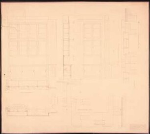 Dienstwohnung des Reichsaußenministers Joachim von Ribbentrop, Berlin-Mitte Umbau: Schrankanlage im Blumenraum, Erdgeschoss Südflügel: Grundriss, Anscihten, Schnitt 1:10, Detail Schnitt 1:1