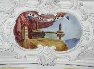 "Vera sapientia demonstratur", Allegorien der Weisheit mit Bezug auf die Klosterbibliothek — Bücherpresse: "Compressione latescit"