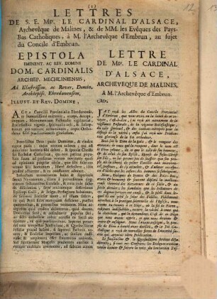 Lettres De S. E. Mgr. Le Cardinal D'Alsace, Archevêque de Malines, & de MM. les Evêques des Pays-Bas Catholiques, à M. l'Archevêque d'Embrun, au sujet du Concile d'Embrun