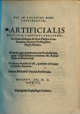 Artificialis medicatio : constans paraphrasi in Galeni librum de artis medicae constitutione